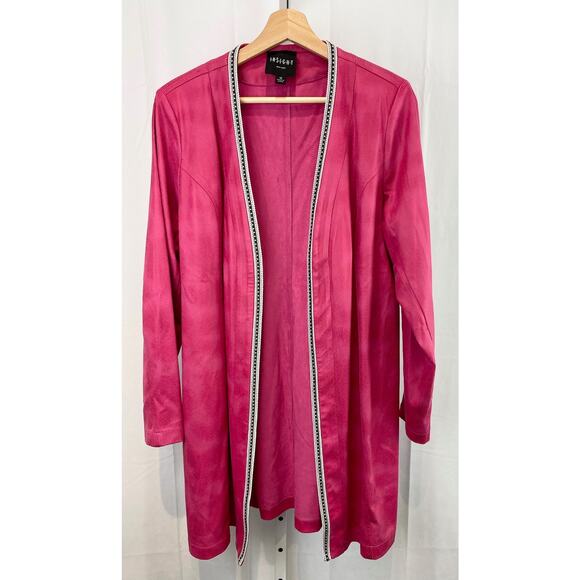 INSIGHT Size 12 Faux Suede Open Front Tunic Jacket Beaded Ribbon Trim Pink Black - Picture 1 of 9